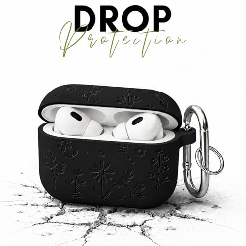 Image of Emoh Roced Case for Airpods Pro 3 with Keychain,Silicone Flower Engraved Cases Compatible with Apple AirPods Pro 3rd Generation 2025, Anti-Scratch, Protective Case Cover (Black, for AirPods pro 3)