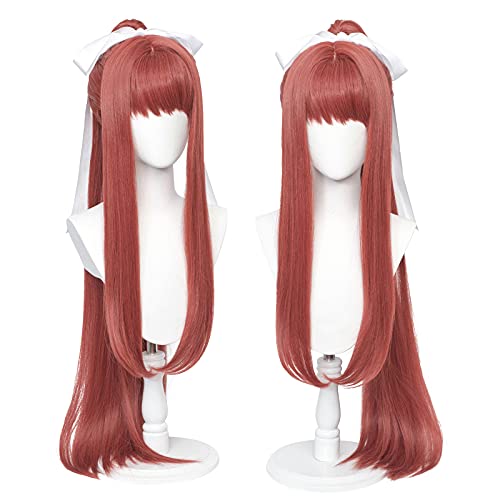 Probeauty Red Brown Monika Clip-on Ponytails Halloween Cosplay Wig with White Ribbon