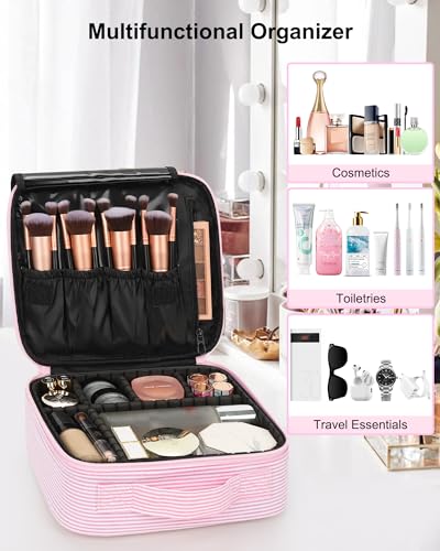 Image of Relavel Travel Makeup Train Case, Portable Cosmetic Case Makeup Organizer, Professional Artist Storage Bag with Adjustable Dividers for Cosmetics Brushes, Birthday Gifts for Girls, Pink Stripe