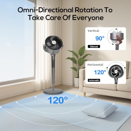 Image of hykolity Large Fan for Bedroom, 120 Oscillating Standing Fan, 85ft Air Circulator With Remote, DC Motor Quiet Floor Fans, 90 Manual Vertica, 12 Speeds, 5 Modes, 12H Timer