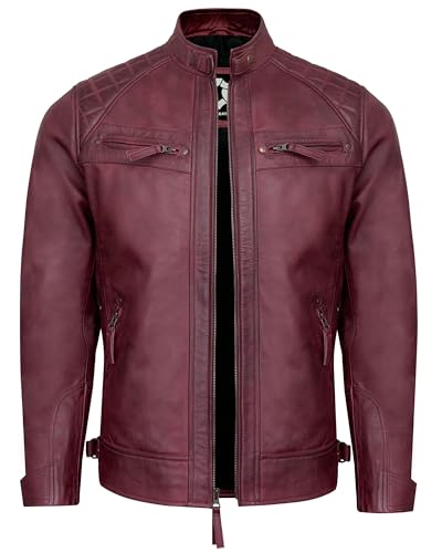 Image of Leather Jacket Men - Real Lambskin Motorcycle Jacket with Snap Tab Collar, Adjustable Waist & Zippered Pockets