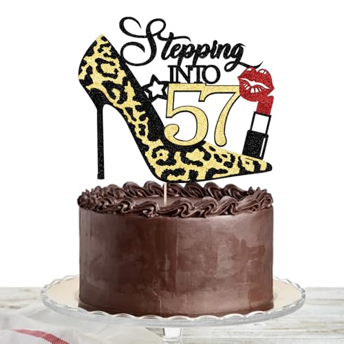 Stepping Into 57 Cake Topper,Funny 57th Birthday Party Decorations Supplies, Highheel Highheel lipstick Sign Cheers to 57 Years Cake Decorations。