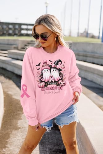 KIMSOONG In October We Wear Pink Sweatshirt Women Halloween Ghost Sweatshirt Breast Cancer Awareness Long Sleeve Tops4