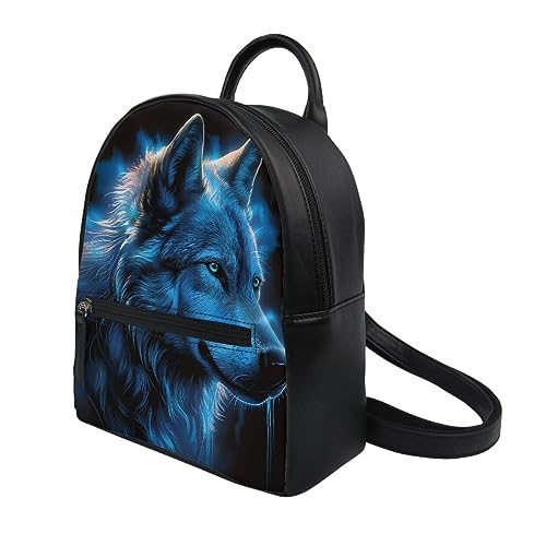 White Wolf Print Mini Backpack for Boys Teens Child Leather Casual Rucksack Top-Handle Bag Shoulder Bags,Blue Wolf2