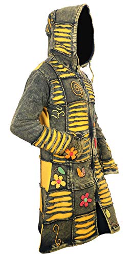 Women's Zip Up Hooded Jacket Yellow Floral Embroidery Boho Patchwork Razor Cut Stone Wash Hippy Long Coat4