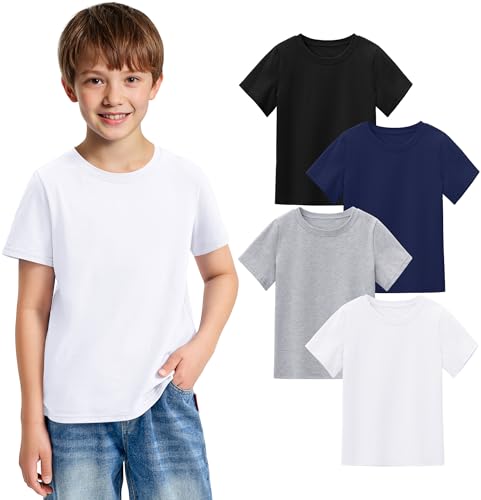 La mejor comparación de Camisetas y camisas deportivas para Niño los mejores 10. 49 BOOPH - Paquete de 4 camisetas de manga corta para niños, camisetas básicas de cuello redondo, ropa de uniforme de verano, Negro Azul Marino Gris Blanco, 13-14 Años