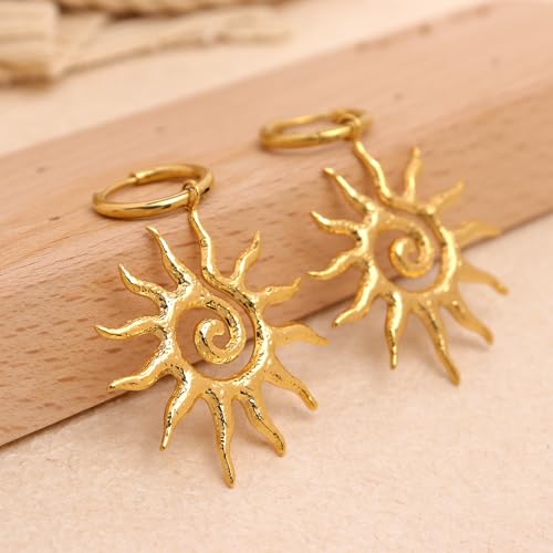 Chunky Gold Sun Leaf Huggie Dangle Hoop Earrings for Women, Trendy Lightweight Statement Hypoallergenic Prom Wedding Fashion Jewelry Gift4