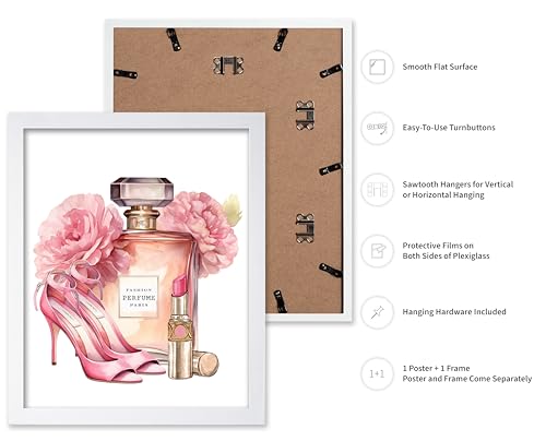 Image of Poster Master Pink Designer Print - Fashion Poster - Shoes, Lipstick & Perfume Art - Chic Gift for Women & Fashionista - Glam Decor for Bedroom or Girl's Room - 16x20 White Framed