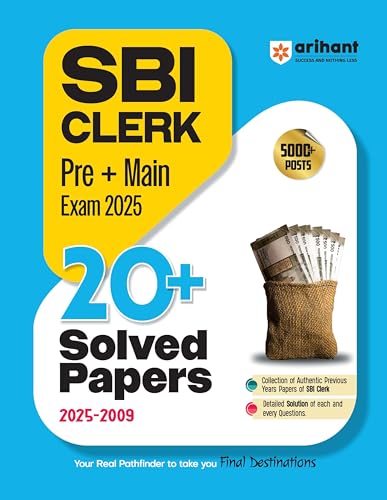 Image of Arihant SBI Clerk Pre and Main Exam 2025 | 20+ Solved Papers (2025-2009) | Previous Year Question Papers with Detailed Solutions | For 5000+ Junior Associates Posts | English Medium