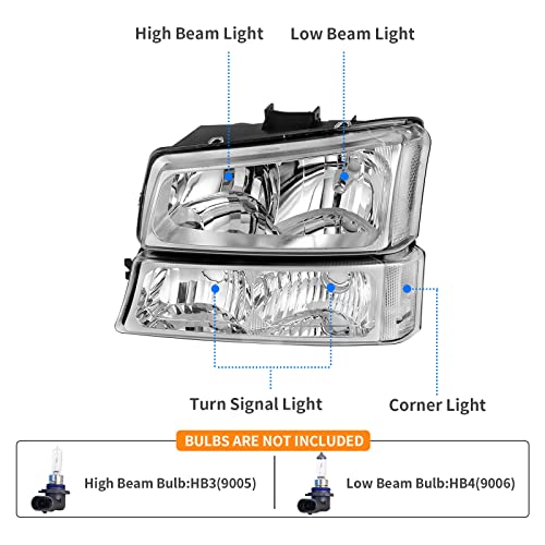 Image of DWVO Headlight Assembly Compatible with 03 04 05 06 Chevy Avalanche Silverado 1500 1500HD 2500 2500HD 3500 /07 Chevrolet Silverado Classic Pickup Headlamp (Chrome Housing Clear Reflector Clear Lens)