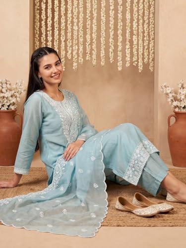 Image of INDO ERA Women's Straight Cotton Kurta Palazzo with Dupatta Set | Cotton kurta sets for women