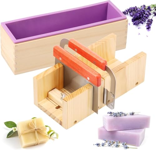 5er Seifenschneider 1.4L Silikon Holz Seifenform mit Wellenmesser Edelstahl Gerades Messer Abdeckung Soap Making kit Hohe Temperaturbeständigkeit Einstellbar Seifenlaibform für DIY Seife