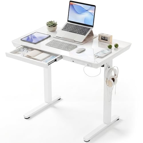 Image of INNOVAR 35 inch Small Glass Standing Desk with Drawers & USB Ports, Whole-Piece Glass Top Adjustable Height Desks, Quick-Install Electric Sit-Stand Up Desk for Home Office & Computer Workstation, White