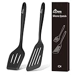 Hotec Silicone Spatula Set with Slots, Kitchen Utensils for Baking, Cooking, Heat Resistant, Non-Stick, Strong Stainless Steel Core, Black, 2 Pieces