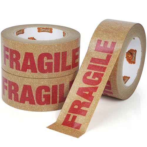 TAPEBEAR Cinta Frágil Ecológica Papel Kraft, 50mm x 50m, Cinta de Embalaje Biodegradable Autoadhesiva para Cajas, 3 Rollos, Color Marrón Natural