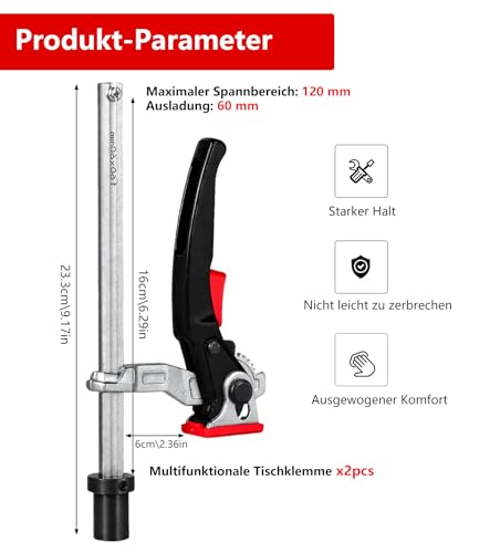 ZUGJOZD 2Stück Ganzstahl Hebelzwinge 20mm mit Hebelgriff, Niederhalter spannelement Spannbereich 160mm Ausladungstiefe 60 mm, multifunktionstische zubehör 20mm spannkraft 500n schweißtisch&CNC