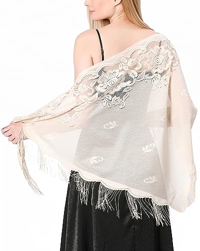 Aivtalk Women Triangle Floral Shawls and Wraps with Tassels Soft Mesh Lace Scarf Shawl for Wedding Evening Party