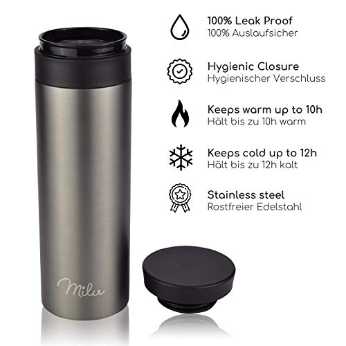 Milu Taza aislante de café y té para llevar - 350ml, 450ml 100% a prueba de fugas - acero inoxidable para beber - vaso… - Imagen 3