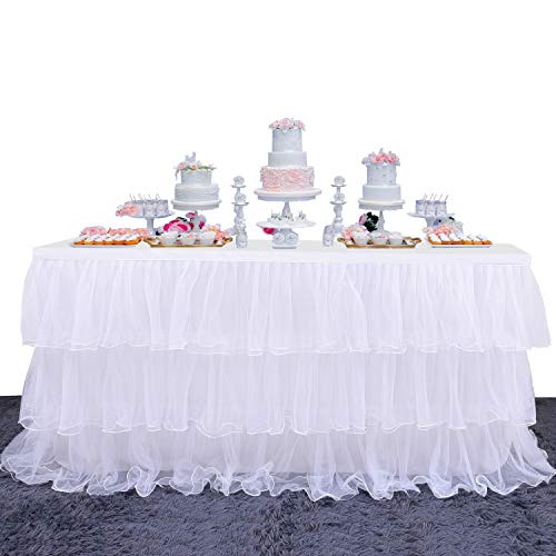 Leegleri White Tulle Tutu Table Skirt For Party,Baby Shower,Wedding Chiffon 3 Tier Ruffed Table Skirt For Rectangle Or Round Table thumb #2