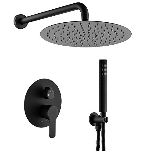 Matte Black Shower System, Shower Faucet Set Complete Rain Shower Head with Handheld, Bathroom Wall Mounted Rain Shower Fixture with Valve Set