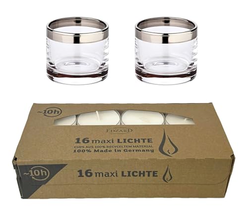 EDZARD 2 portacandele Molly (altezza 6 cm, diametro 7 cm), vetro soffiato a bocca con bordo in platino, più 16 maxi lumini in tazza di acyrl – portacandela in vetro tealight