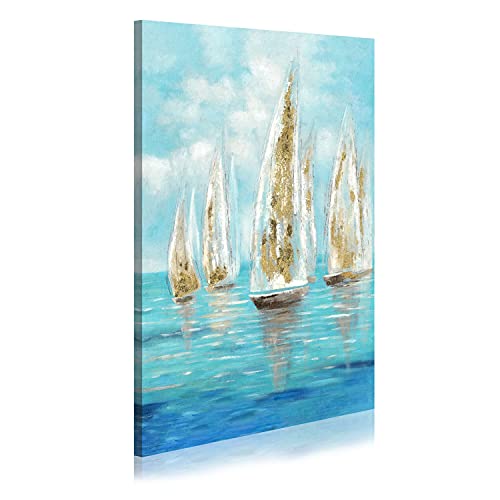 Segelboote nautische Leinwand Wandkunst - Abstrakte Segelboote Bild mit handgemaltem schwerem Texturgemälde Kunstwerk für Schlafzimmer (36 x 24) Cover
