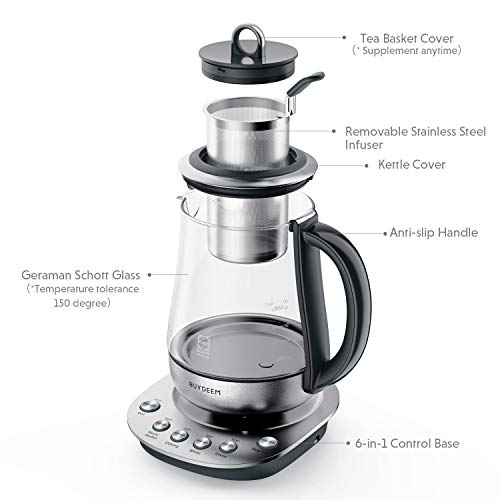 Buydeem K2423 Tea Maker, Durable 316 Stainless Steel & German Schott Glass Electric Kettle, Removable Infuser, Auto Keep Warm, BPA Free, 1.2L