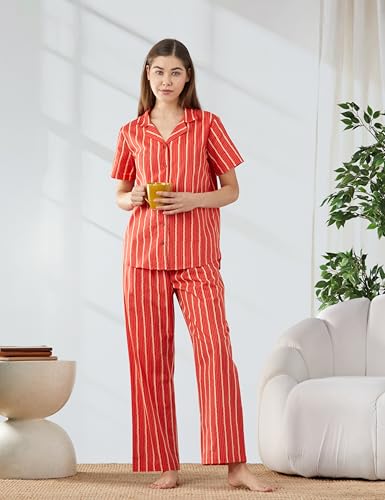Image of Amazon Brand - Myx Women Cotton Shirt and Relaxed Pajama Set | Night Suit Set (Available in Plus Sizes)