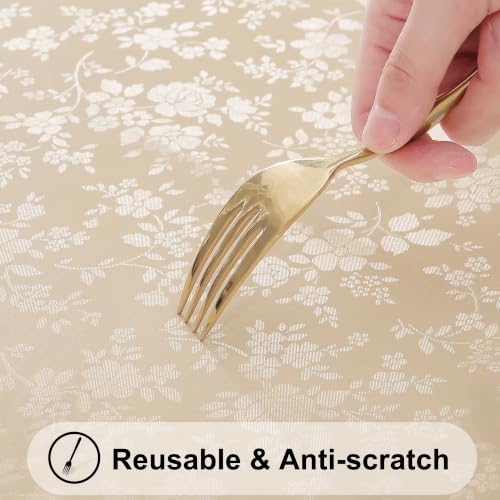 Image of Smiry Oval Waterproof Heavy Duty Vinyl Tablecloths, 52 x 70 Inch | Wipeable Washable Floral Embossed Table Cover for Kitchen and Dining Room, Indoor & Outdoor Use, Beige