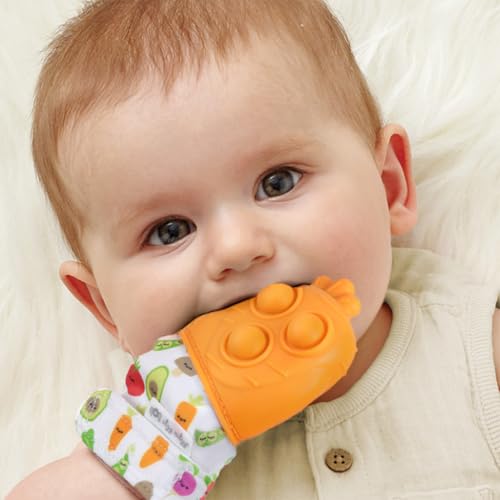 Image of Itzy Ritzy Silicone Teething Mitt - Soothing Infant Teething Mitten with Adjustable Strap, Crinkle Sound & Textured Silicone to Soothe Sore & Swollen Gums - for Ages 3 Months & Up (Carrot)