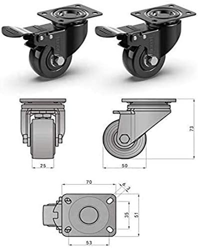 GBL Heavy Duty Castor Wheels with 2 Brakes + Screws - 50mm up to 200KG - Pack of 4 No Floor Marks Silent Caster for Furniture - Rubbered Trolley Wheels - Black Castors