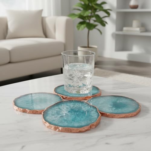 Image of Natural Agate Stone Tea Coasters Set | Premium Stone Coasters for Tea, Coffee & Glass | Heat Resistant Coasters for Dining Table, Office Desk & Home Decor | Pack of 4 | Color -Turquoise