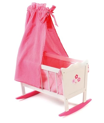Bayer Chic 2000 - Puppenwiege, Wiege für Puppen, Puppenbett, Puppenmöbel, Puppenzubehör, Fiori, weiß, pink, 37 x 50 x 78 cm