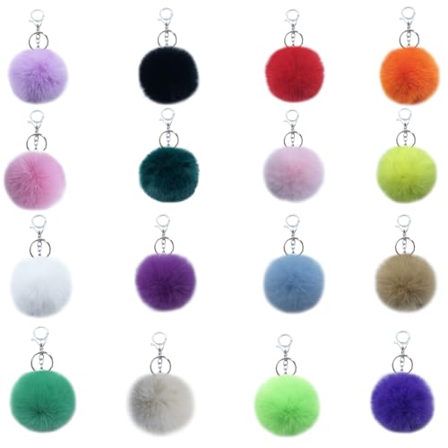 Unpafcxddyig 16 Pieces Pom Pom Keychains Soft Faux Rabbit Fur Fluffy Ball Pompoms Keyring for Women Bag Accessories,Silver ring