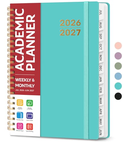 Planner 2026-2027 for Women & Men, Academic Monthly and Weekly Calendar Planner, Jul 2026 - Jun 2027, A5 (6.3' x 8.5'), Teacher Student Planning Book with Tabs, Ideal for Office School Supplies - Aquamarine