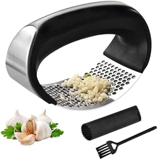 TMGLOBLE Stainless Steel Garlic Press Crusher - Professional Kitchen Garlic Rocker Press Good Grip Garlic Mincer - Heavy Duty Kitchen Gadgets with Cleaning Brush & Silicone Garlic Peeler