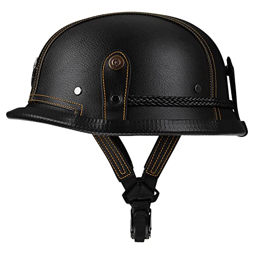 Yesmotor Motorcycle Half Helmet Retro German Handmade Leather Half Face Quick Release Buckle & Goggles - Dot Approved (Black & Yellow Line, 3Xl) #TOP1
