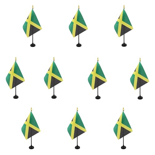 AZ FLAG - Lot de 10 Mini Drapeau Jamaïque De Table - 15x10 cm - 10 Drapeaux Jamaïcain De Bureau 100% Polyester Avec Hampe Point Dorée