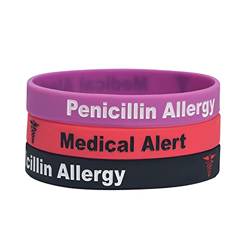 LuxglitterLin 3 Pack Penicillin Sport Silicone Medical Alert ID Bracelets Emergency Wristband for Adult Kids 7.5In, BR_Rubber_Penicillin2, 7.5 inches