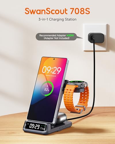 Image of SwanScout 708S Wireless Charging Station for Samsung S25 /Watch 8, 3 in 1 Wireless Charger for Samsung S24 /S23 /S22 /Z Flip /Fold,for Galaxy Watch 8 Classic /7 /Ultra /6 /5,Galaxy Buds 3 /3 Pro(NO Adapter)