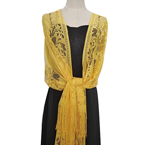 Women's Scarf Shawls Wraps for Evening Dress Bridesmaid Wedding Bridal Long Large Scarves Floral Lace Shawl Scarf with Fringe Yellow2