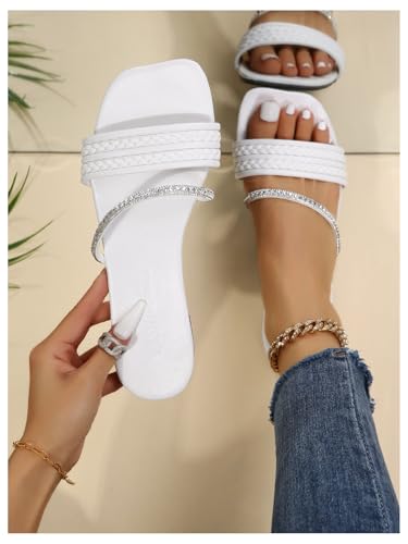 Image of GORGLITTER Women's Rhinestone Sparkly Flat Sandals Glitter Strappy Wedding Braided Prom Leather Square Toe Slide Shoes