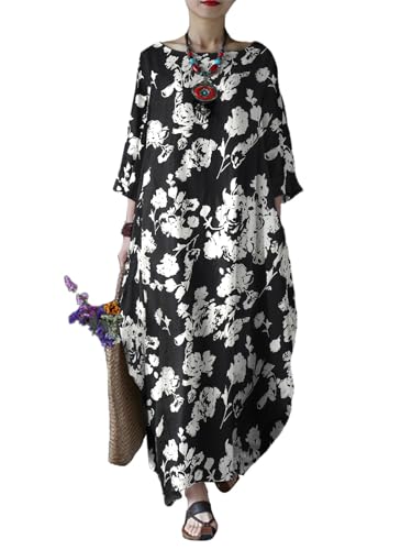 Image of Celmia Autumn Solid Loose Long Maxi Dress Cotton Caftan