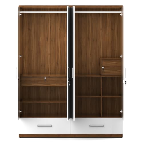 Image of Spacewood Apex 4 Door Wardrobe with Mirror | Frosty White Finish | Engineered Wood Almirah with 3 Drawers (1 Lockable), 2 Hanging Spaces & 1 Internal Locker | Bedroom Cupboard Almari | 3-Year Warranty