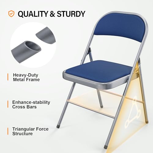Image of VINGLI 4 Pack Folding Chairs with Padded Seats, Metal Frame with Fabric Seat & Back, Capacity 350 lbs, Blue, Set of 4