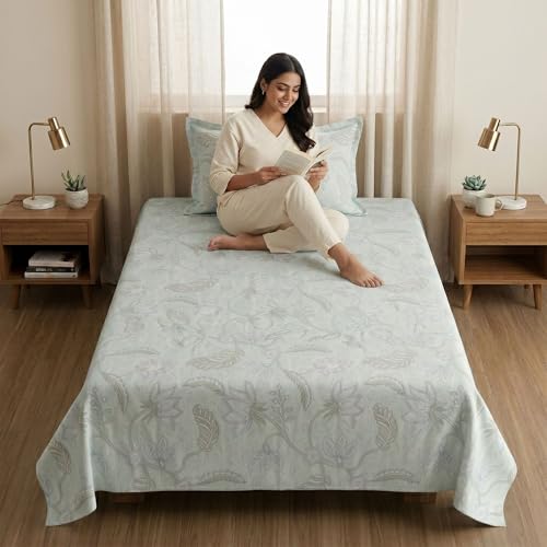 Image of Mafatlal 186 TC Metro Cotton Single Bedsheet | 90 x 60 Inch | Breathable Cotton Bed Sheet with Pillow Cover | Stylish Home Linen | Emerald Teal
