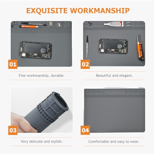 Image of Anti-Static Silicone Repair Mat, Heat Resistant Soldering Pad with Screw Compartments, Esd Work Mat for Electronics Assembly and Repair, 13.77 X 9.84 Inches, Dark Grey