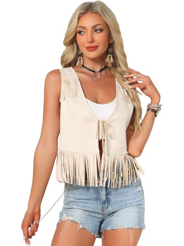 Image of Allegra K Fringe Vests for Women's Cowgirl 70s Sleeveless Country Concert Western Faux Suede Tassel Vest Top