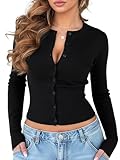 OZICERD Fall Knit Cropped Cardigan Sweaters for Women Lightweight Crew Neck Long Sleeve Button Open Front Y2k Crop Cardigan Black Small