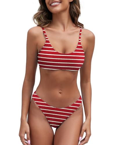 Fanuerg Geripptes Damen-Bikini-Set, U-Ausschnitt, frecher Badeanzug,...